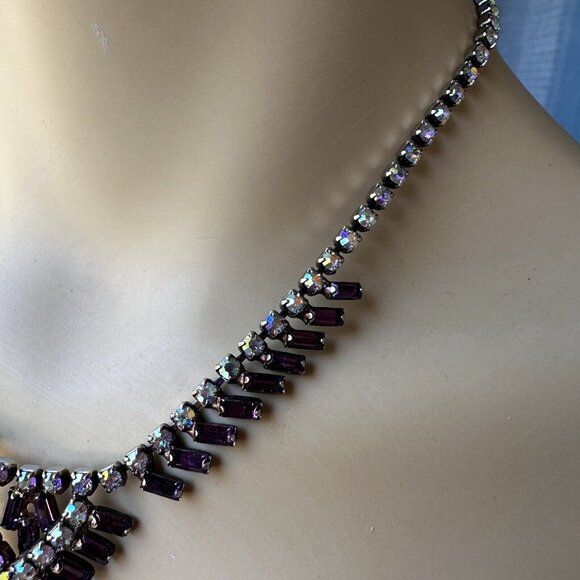 VTG 1950s Choker Necklace 15" Aurora Purple Crystal Rhinestone Earrings 1" - Picture 4 of 12